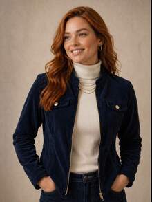 Women's Corduroy Jacket With Zipper, Casual Style, Elegant, Winter Fashion, Fluffy Velvet Zipper, Night, Vacation, School, Office, Daily. - 藏蓝色 - 查看 4