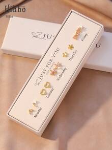 10pcs/Set Gentle Bowknot, Pink Flower, Heart, Small Flower, Fish Tail Rings, Suitable For Commuting Wear The Subtle Gentle Double Heart Style, Dating Wear The Pink Crystal Heart Style, Stacking Or Wearing Individually All Look Great! (With Elegant White Gift Box) - Week Earrings - View 4