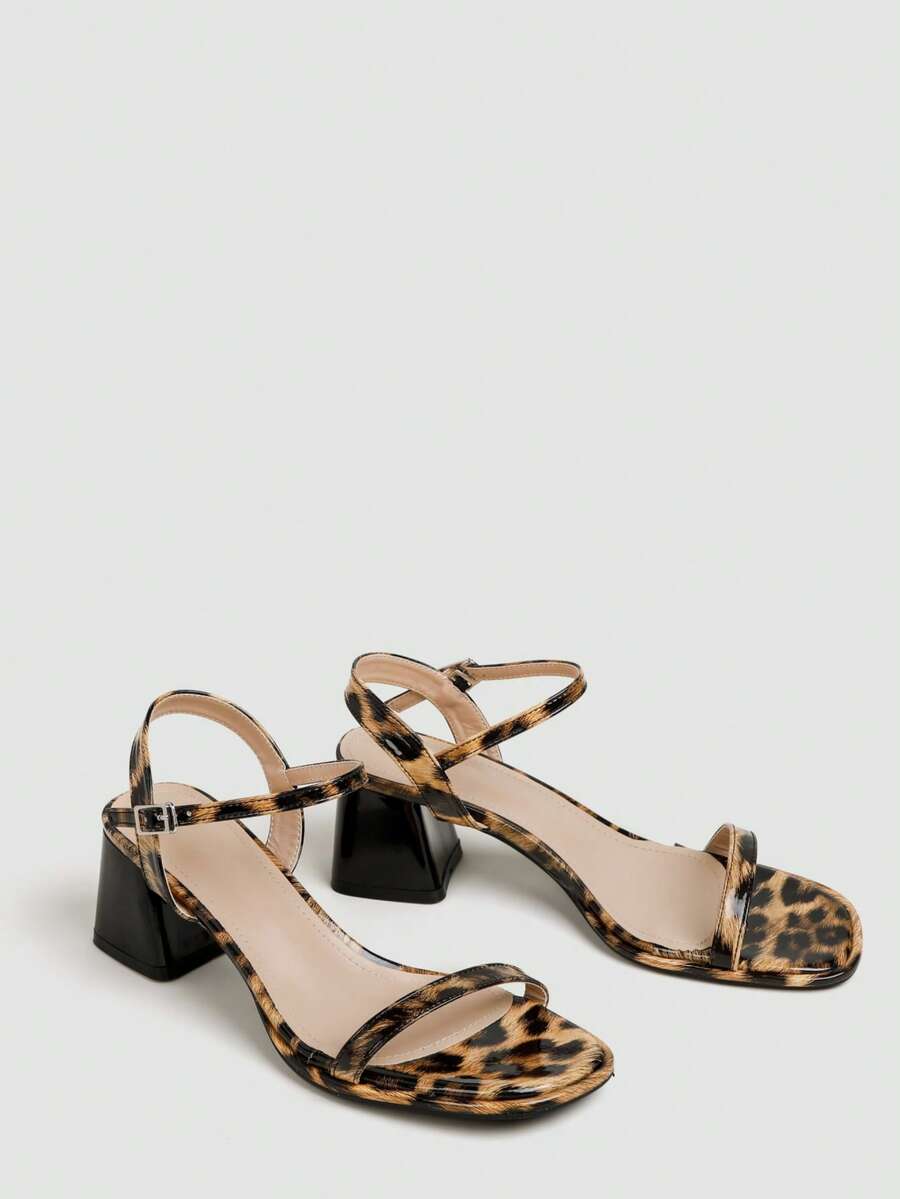 Tacones altos de leopardo marrón para mujer, zapatos de vestir de fiesta y boda con tacón grueso y punta abierta, sandalias de punta puntiaguda con tira trasera de 7 cm de tacón formal - Estampado de leopardo marrón - Ver 1