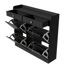 Elegante scarpiera nera con 4 ante a battente, 2 cassetti e 3 vani a giorno; perfetta per corridoi e ingressi moderni. Dimensioni: 110 x 26 x 100 cm. - nero - Visualizzare 10
