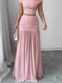 Spring Summer Autumn New High Waist Ruched Extra Long Skirt, Vacation & Commute Outfit - Pink - View 4