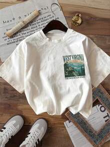 [Double-Sided Print] Summer Casual Women's Top, Vintage Style, Mountain Bear WEST VIRGINIA THE MOUNTAIN Print, Round Neck, Pure Cotton Short-Sleeve T-Shirt [Ling K] Summer Outfits For Women XQ07 - màu đen - Xem 7