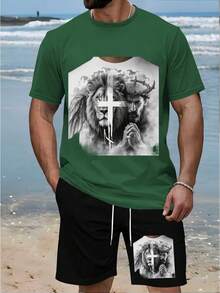 2-Piece Set For Men, Vintage Style Casual And Unique Summer Two-Piece Set With Exquisite Roll-Up Sleeves And Scroll Decoration, Cartoon Print, Lightweight, Breathable, And Sweat-Absorbent Fabric - Green - View 9