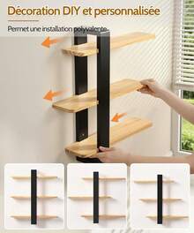 Estante mural largo grande de madera negra, estantería flotante ajustable de 3 niveles, 50x58 cm, organizador colgante práctico, decoración y almacenamiento para hogar, cocina, salón, baño, oficina y dormitorio - Color madera natural + negro - Ver 4