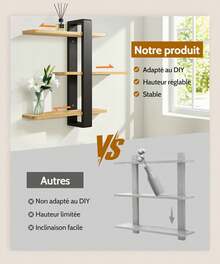 Estante mural largo grande de madera negra, estantería flotante ajustable de 3 niveles, 50x58 cm, organizador colgante práctico, decoración y almacenamiento para hogar, cocina, salón, baño, oficina y dormitorio - Color madera natural + negro - Ver 5