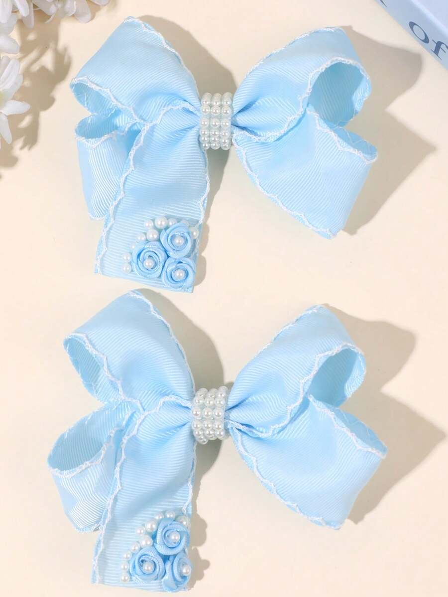 2件套浅蓝色丝带蝴蝶结发夹,可爱玫瑰珍珠装饰时尚发饰,适合女孩,休闲甜美日常佩戴 - 彩色 - 查看 1
