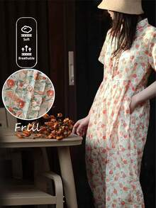 Floral Print Casual Elegant Bohemian Ruffle Hem Short Sleeve Dress, Graceful For Resort, Garden, Tea Party In Spring And Summer Vacation - Beige - View 3