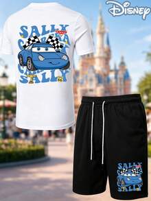 Disney Cars Sally Carrera 2-Piece Outfit, Summer T-Shirt & Summer Shorts Set, Retro Racing Graphic, Casual Summer Matching Set For Fans - White - View 2