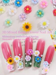 Flores de Arte de Unhas da Primavera! Decoração de Margarida e Girassol + Conjunto de Strass: Decorações DIY de Salão de Unhas Acrílicas - Multicolorido - Visão 2