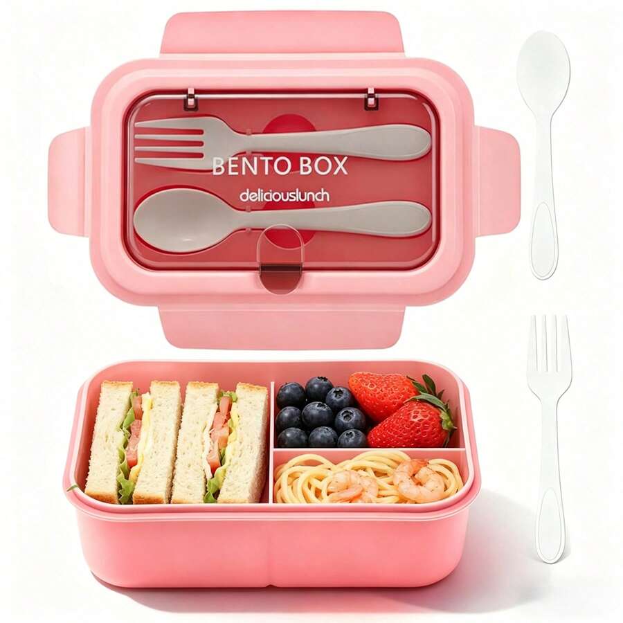 Scatola per il pranzo a tenuta stagna, Bento Box a 3 scomparti, Scatola per il pranzo per adulti, Microonde, Con cucchiaio e forchetta, Capacità elevata, Conservazione della freschezza, Anti-polvere, Con coperchio a scorrimento quadrato, Contenitore per il pranzo riutilizzabile a tenuta stagna, Scatola per pasti portatile adatta per lavoro o scuola