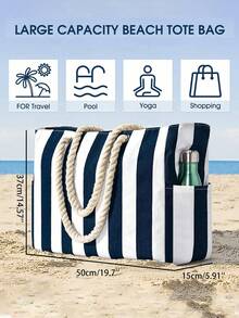 Women's Waterproof Beach Tote Bag, Zipper Closure, Waterproof & Sand-Proof Design, Random Striped Pattern, Large Capacity, Suitable For Swimming Pool, School, Travel, Work, Vacation, Shopping And Other Occasions - Blue - View 9