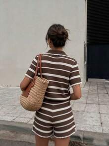 Bộ đồ nữ mùa hè thời trang mới, kẻ sọc, quần short đi biển, phong cách retro gợi cảm, bộ đồ mùa hè, lễ hội, trang phục đi biển cho nữ, áo đi chơi, trang phục nghỉ hè, phong cách Y2K - Màu nâu - Xem 5