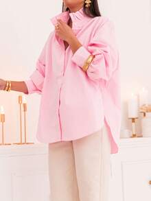 New Arrival Fashionable Elegant Solid Color Lantern Sleeve Stand Collar Casual Shirt, Suitable For Daily, Festivals, Vacation, And Dates Pink - Pink - View 4