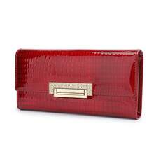 Small Purse Fashionable Patent Leather Crocodile Pattern Women's Genuine Leather Wallet, Long Multi-Functional Multi-Card Slot Clutch Bag QGQW - Màu Đỏ Sâu - Xem 7