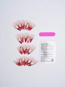 24片装长款尖头美甲贴片 - 裸色和红色法式尖头假指甲，带波点、3D花朵和瓢虫装饰，亮面全覆盖亚克力贴片，女士适用 - 紅色 - 查看 2