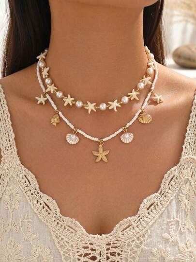 2pcs/Set Summer Sweet Ocean Style Starfish & Shell Beaded Alloy Ocean Creature Pendant Necklace Set, Suitable For Beach, Vacation, Party Wear, Versatile Necklace For Girls