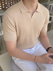 Áo len nam tay ngắn cổ polo kiểu retro, áo thun tay ngắn cổ máy bay màu mơ mới, trang phục mùa hè. - Màu be - Xem 1