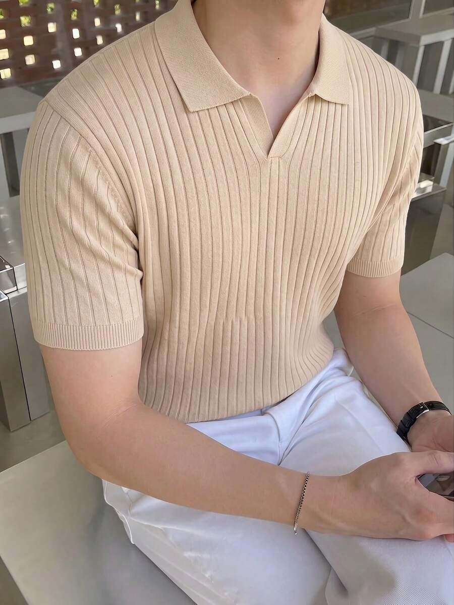 Áo len nam tay ngắn cổ polo kiểu retro, áo thun tay ngắn cổ máy bay màu mơ mới, trang phục mùa hè. - Màu be - Xem 1