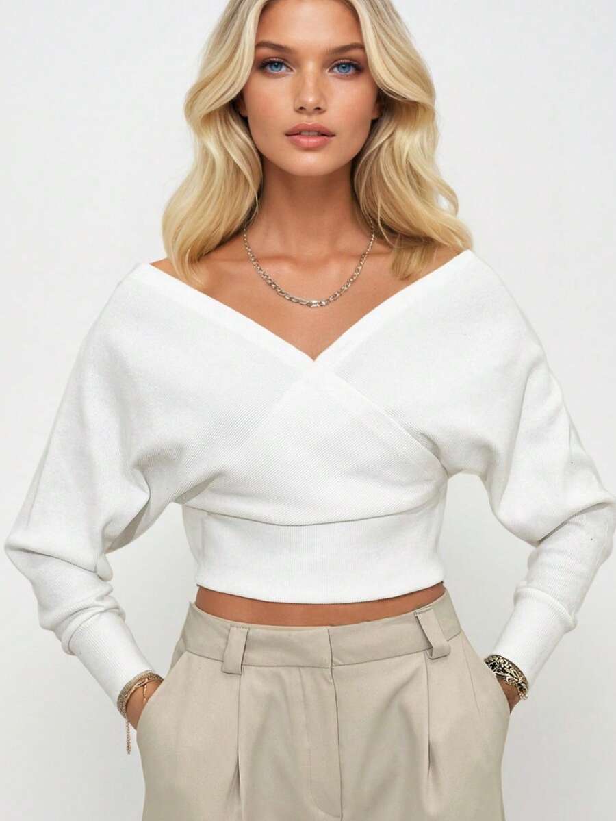 Women White Wrap Knit Top Designed For Elegant Everyday Styling And Elevated Smart-Casual Looks. - White - View 1