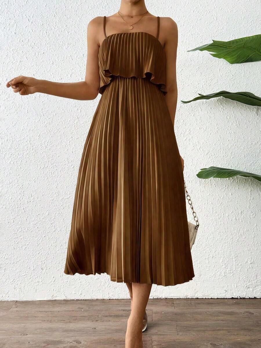 Vestido Midi Marrón Tirantes Finos con Pliegues, Estilo Casual - Marrón - Ver 1