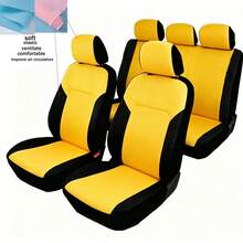 5 piezas Fundas para asientos de coche, tela de malla tipo sándwich, transpirable y ventilada, suave y cómoda, elástica, accesorios para automóvil, fundas para asientos de coche para mujeres/hombres, decoración para coche, fundas para asientos de coche, accesorios interiores para coche, juego completo de artículos esenciales para el coche, patchwork negro y amarillo, adecuado para todas las estaciones - Multicolor - Ver 1