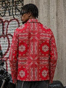 Men Zip Up Paisley Print Zipper Pocket PU Leather Biker Jacket Streetwear Fashion Fall Winter Date Night Outfit Keep Warm - 紅色 - 查看 3