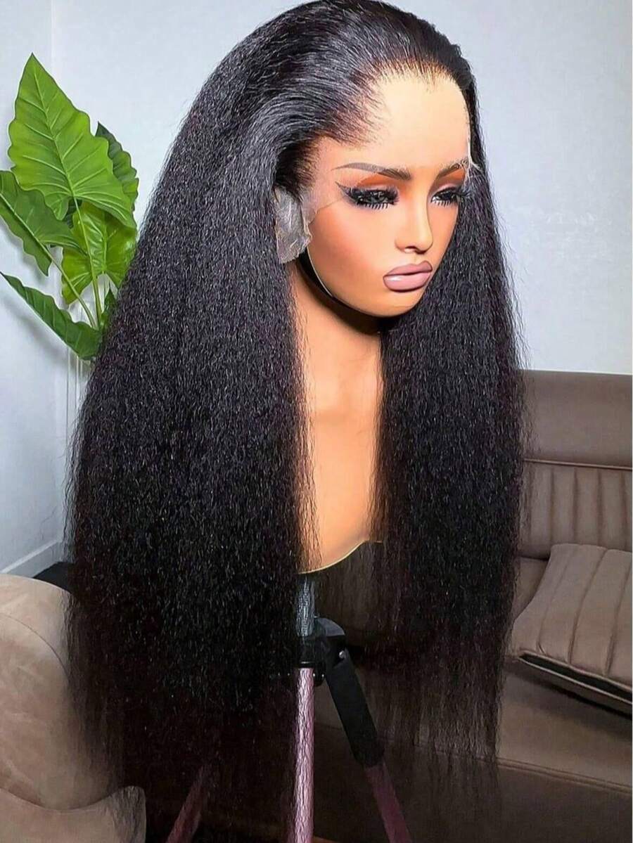 13"X4" Afro Yaki Straight Brazilian Human Hair Lace Front Wig, Bob Style Curly Straight Hair Wig, 13x4 Transparent Lace Front, Pre-Plucked, 180% Density Mixed Hair Heat-Resistant Fiber, Women's Wig, Elegant Style, No Glue Needed, Suitable For Daily Wear 8-16 Inches