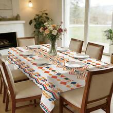 MEMNUN 1PC Bohemian Blue & Orange Geometric Pattern Printed Tablecloth, Playful & Vibrant Dining Table Cloth 140*220cm/140*180cm/140*140cm/90*140cm, Printed Polyester Material, Table Decor, Home Decor, Kitchen Decor, Rectangular Table Cloth, Square Table Cloth, Suitable For Picnic, Camping, Party, Restaurant Buffet, Home Decoration, Tabletop Decor, DIY Home Decor - Multicolor - View 8