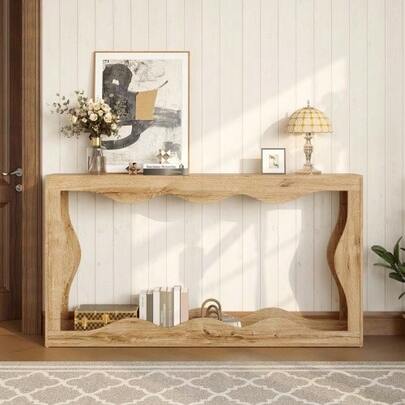 Wavy Edge Console Table, Double Shelf, Long Wood Grain Table, Decorative Living Room Table, Hallway Shelf, Natural Edge Design, Side Table