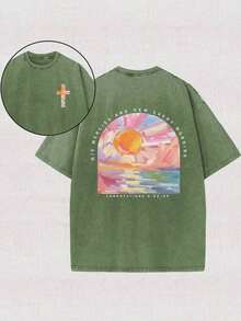 Tops230g Washed, A Beautiful Day Starts From The Morning Sun Printed T-Shirt, High-Quality Wax Printed Cotton Retro Fashion Brand T-Shirt, Beach Essen - 軍綠色 - 查看 11
