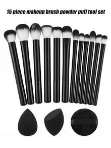 15pcs Professional Makeup Brush Set With Makeup Sponge, Soft Synthetic Fiber Gradient Bristles, Black Handle, Sensitive Skin Friendly, Full Face & Eye Makeup Tools, Portable Travel Gift, High-Quality For Professional Makeup Studio - Multicolor - View 1