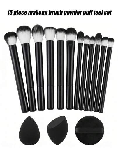 15 piezas Juego de brochas de maquillaje profesional con esponja de maquillaje, cerdas de fibra sintética suave con degradado, mango negro, apto para piel sensible, herramientas de maquillaje para rostro y ojos, regalo portátil de viaje, de alta calidad para estudio de maquillaje profesional