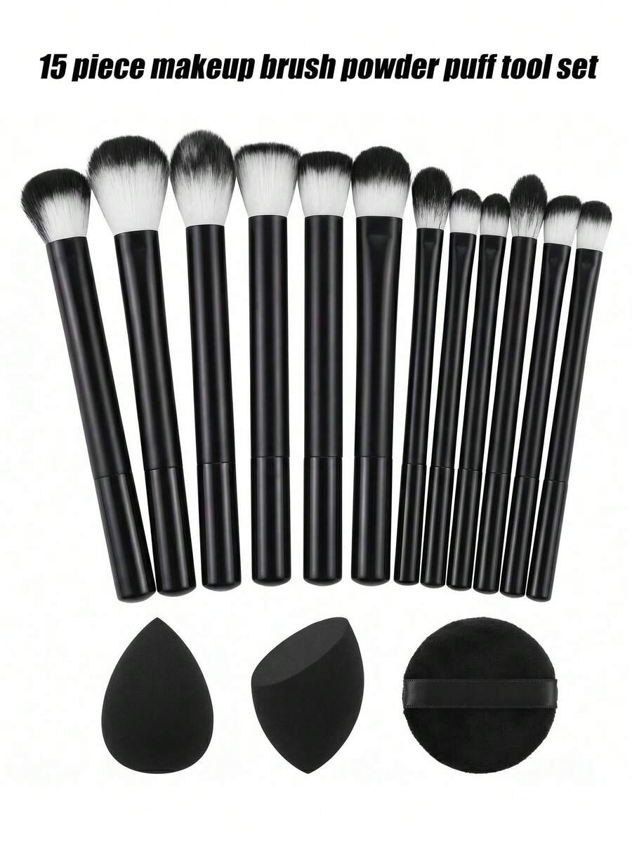 15pcs Professional Makeup Brush Set With Makeup Sponge, Soft Synthetic Fiber Gradient Bristles, Black Handle, Sensitive Skin Friendly, Full Face & Eye Makeup Tools, Portable Travel Gift, High-Quality For Professional Makeup Studio - Multicolor - View 1