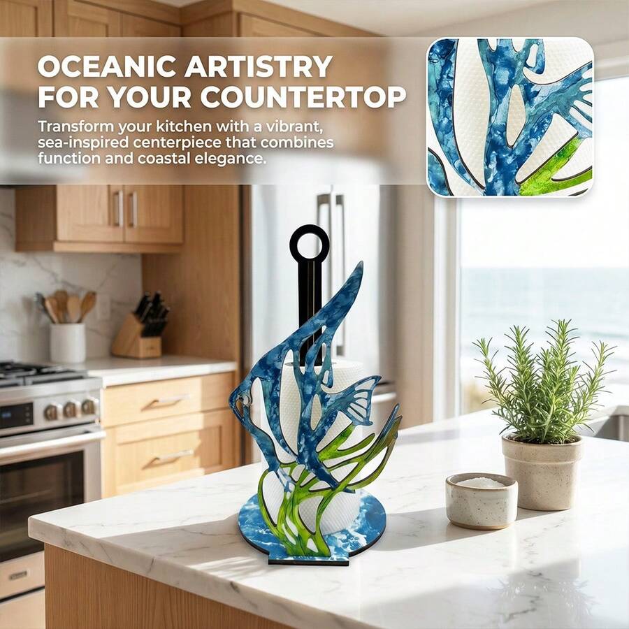1pc Summer Ocean Theme Paper Towel Holder Stand. Vertical Kitchen Roll Dispenser With Tropical Angelfish Design. Coastal Beach Style Countertop Ornament Decorative Storage Rack. For Kitchen Dining Room Marine Life Decor Gift For Ocean Lovers. - Multicolor - View 1