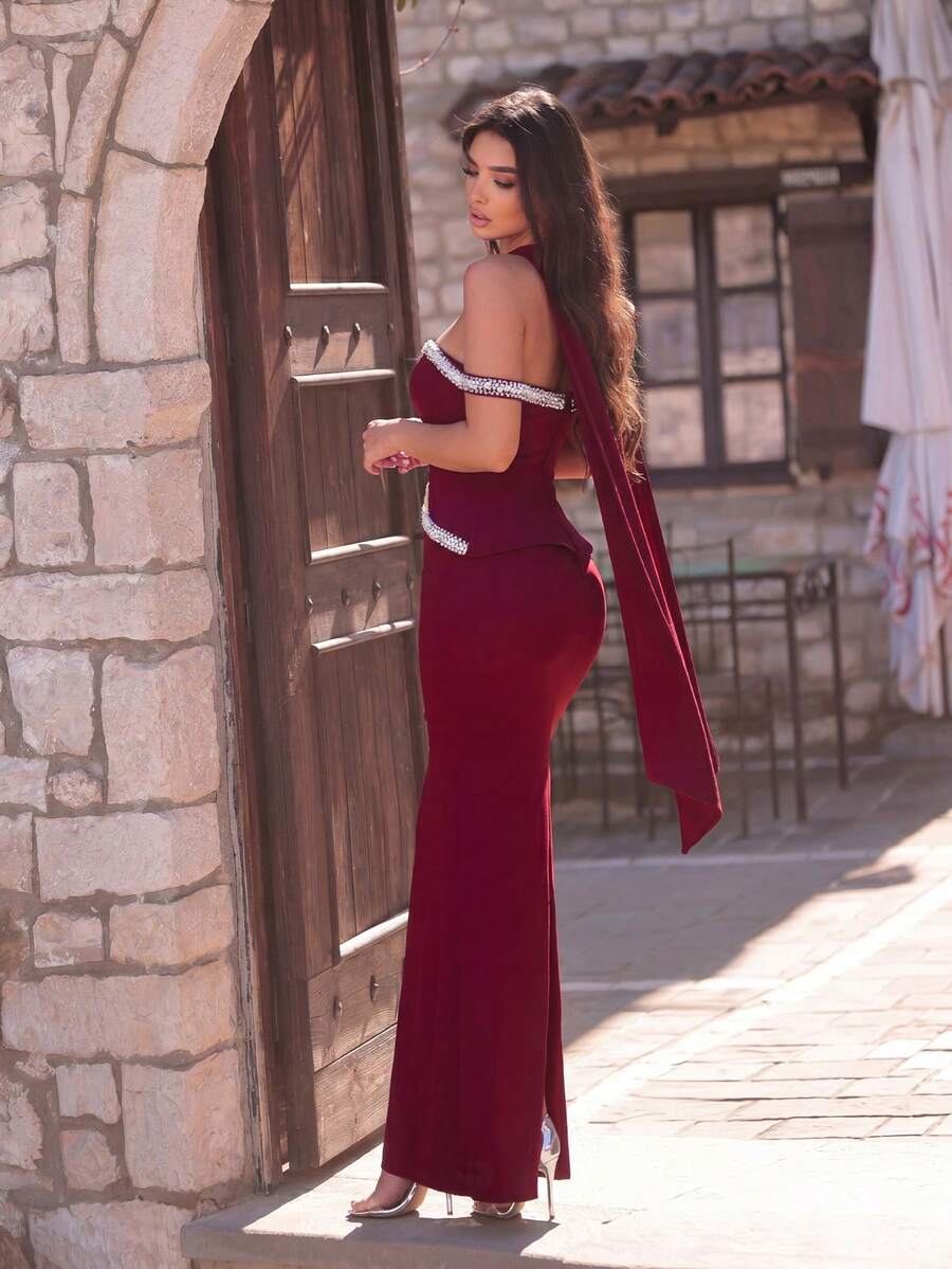 Faeriesty Women's Off-Shoulder Maxi Dress, Detachable Waist Belt, Pearl & Diamond Decor, High Slit Back Design Fall Party