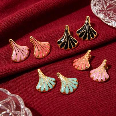 1Pair 304 Stainless Steel Gold Plated Enamel Fan Stud Earrings, Retro Art Deco Shell-Shaped Statement Earrings For Women