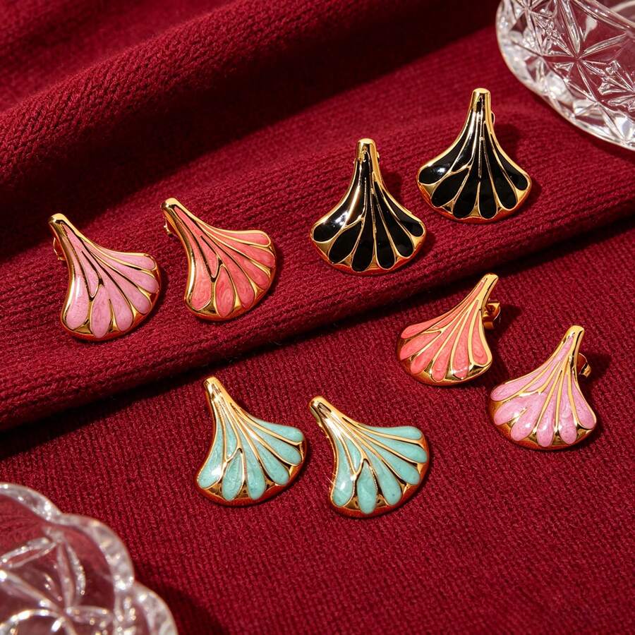 1 Đôi bông tai hình quạt bằng thép không gỉ 304 mạ vàng, tráng men, kiểu dáng retro Art Deco hình vỏ sò, thích hợp cho nữ. - Hoa tai - Xem 1