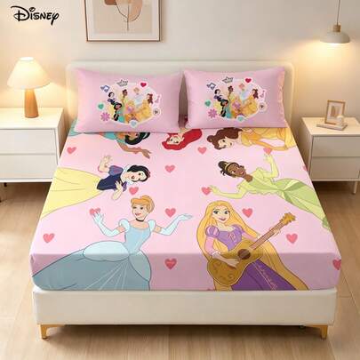 Disney 3 PiecesCute Princess Group Heart Print Fitted Sheet And 2 Pillowcases Sweet Pink Dreamy Room Decor Bedding Collectio