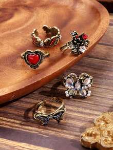 Set de 5 anillos con piedras preciosas falsas y rhinestones de estilo vintage y elegante, un regalo de joyería versátil y de alta gama para mujeres - Multicolor - Ver 5