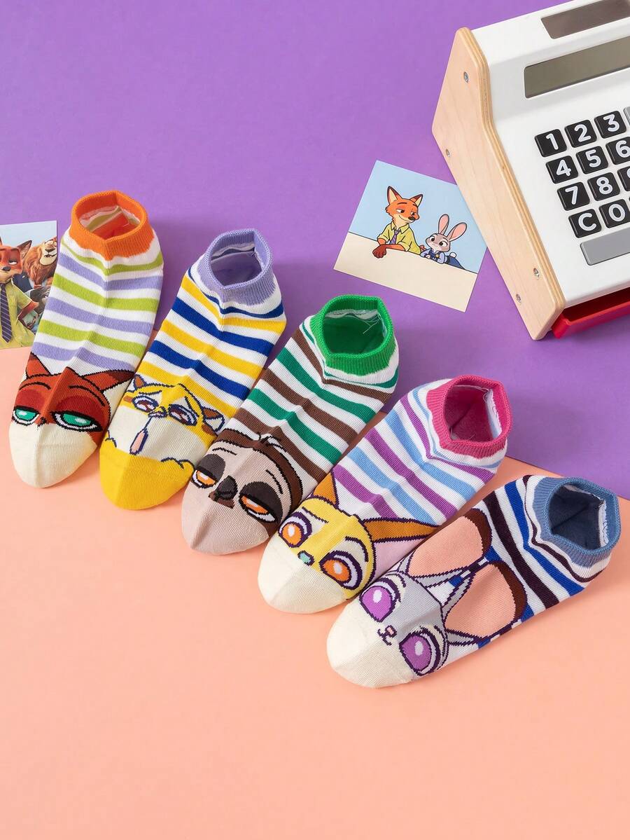 5 pares de calcetines bajos de mujer con diseños de Disney Zootopia, calcetines blancos de la pareja Nick y Judy, calcetines náuticos versátiles para todas las estaciones, suaves y transpirables sin apretar, perfectos para salidas (colores aleatorios) - Multicolor - Ver 1
