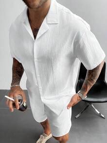 GloMan Men's Loose Fit Plus Size Short Sleeve Shirt And Drawstring Shorts 2-Piece Set, Summer/Autumn, Suitable For Beach Vacation, Casual Wear, Gift For Boyfriend/Husband - White - View 4