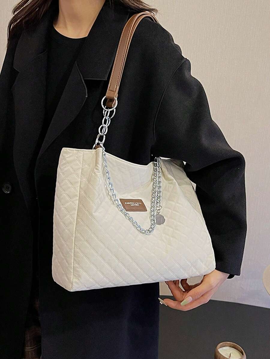 Sac à main à fermeture éclair pour usage quotidien, sac fourre-tout avec chaîne en métal, sac fourre-tout minimaliste à une épaule avec chaîne, convient aux adolescentes, étudiantes, jeunes professionnelles et employées de bureau, parfait pour le bureau, les affaires et les déplacements - Blanc - Voir 1