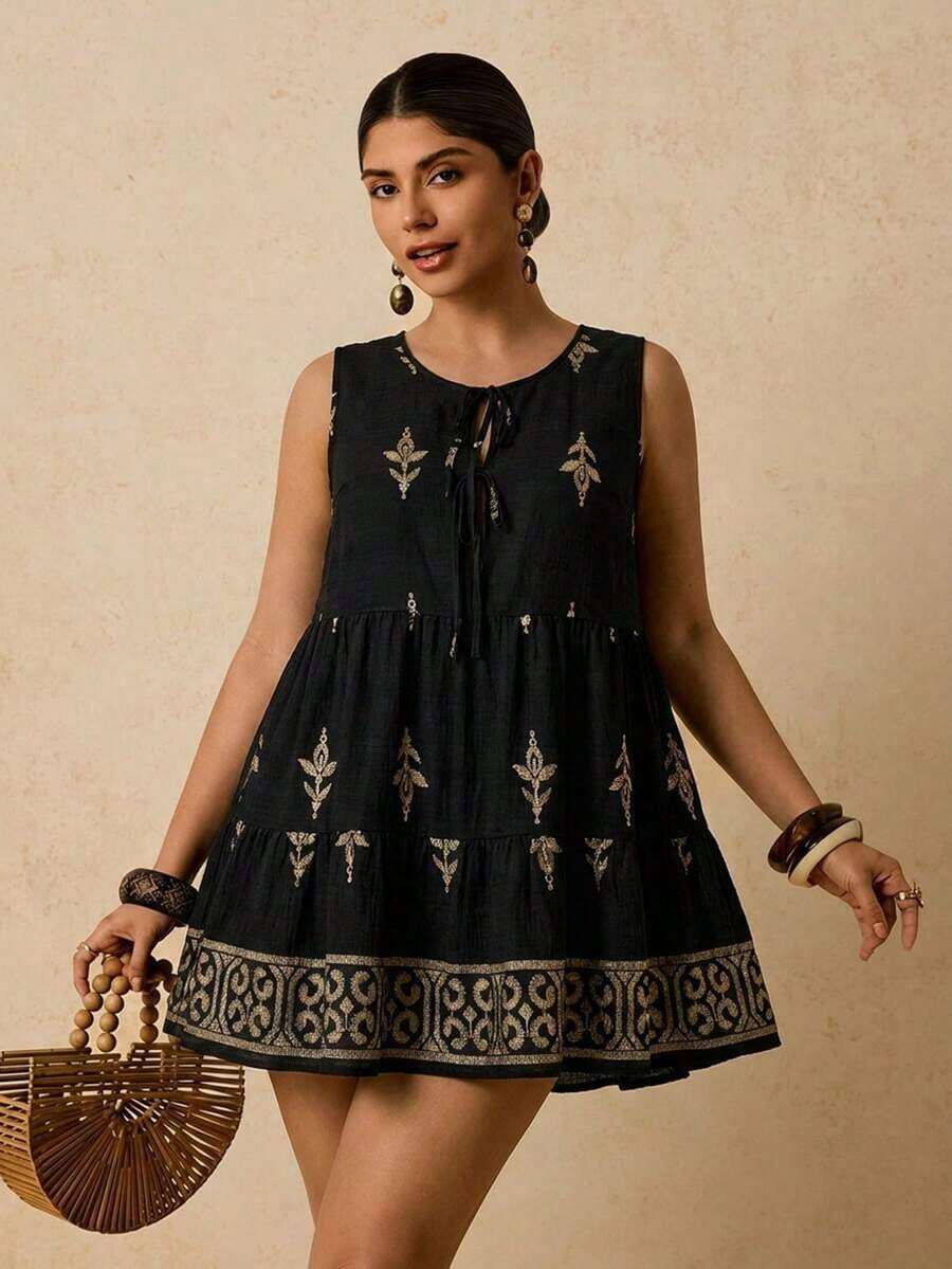 Vestido corto sin mangas de algodón negro con lazo frontal versátil y casual de talla grande - Negro 2 - Ver 1