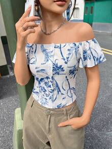 Women's Off-Shoulder Short Sleeve Blue Ditsy Floral Regular Length Non-Stretch Blouse - Baby Blue - View 3