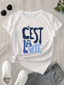 -Women's Graphic Print Shirt - C'est La Vie - Casual Short-Sleeved, Round-Neck Top, White With Blue Lettering, Regular Fit, -Spring Shirt, -Women's Shirts, Soft Texture Shirt, Breathable Fabric, Everyday Top, Casual Style, -Lightweight Shirt. - White - View 4