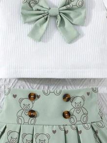 2 pezzi/Set Outfit stile dolce per bambine, Top a costine lavorato a maglia con decorazione a fiocco e stampa a cuore + Gonna plissettata in tessuto, Maniche a palloncino, Gonna plissettata a-line, Estate - Verde - Visualizzare 9