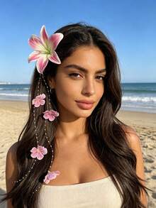 1 pezzo Accessorio per capelli con fiore di giglio bohémien primavera/estate, copricapo con catena di perle e nappe per donna, fermaglio per capelli con decorazione di fiori finti, stile romantico per pendolarismo, viaggi & vacanze, fermagli per capelli, forcina - Multicolore - Visualizzare 7
