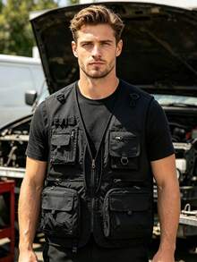Multi-Pocket Black Multifunctional Vest, Men's Casual Sleeveless Fishing Work Vest, Outdoor Work Jacket, 12 Functional Pockets Sports Summer - Black - View 5