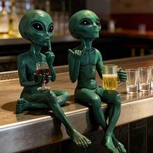 1件綠色外星人喝水樹脂收藏人偶，咖啡吧裝飾，酒吧裝飾，太空主題裝飾，可搭配紅酒與啤酒 - 套裝 - 查看 6