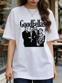 Camiseta de manga corta con cuello redondo suave y casual para mujer, estampado gráfico retro en blanco y negro, adecuada para uso diario casual. Color negro. - Blanco - Ver 4